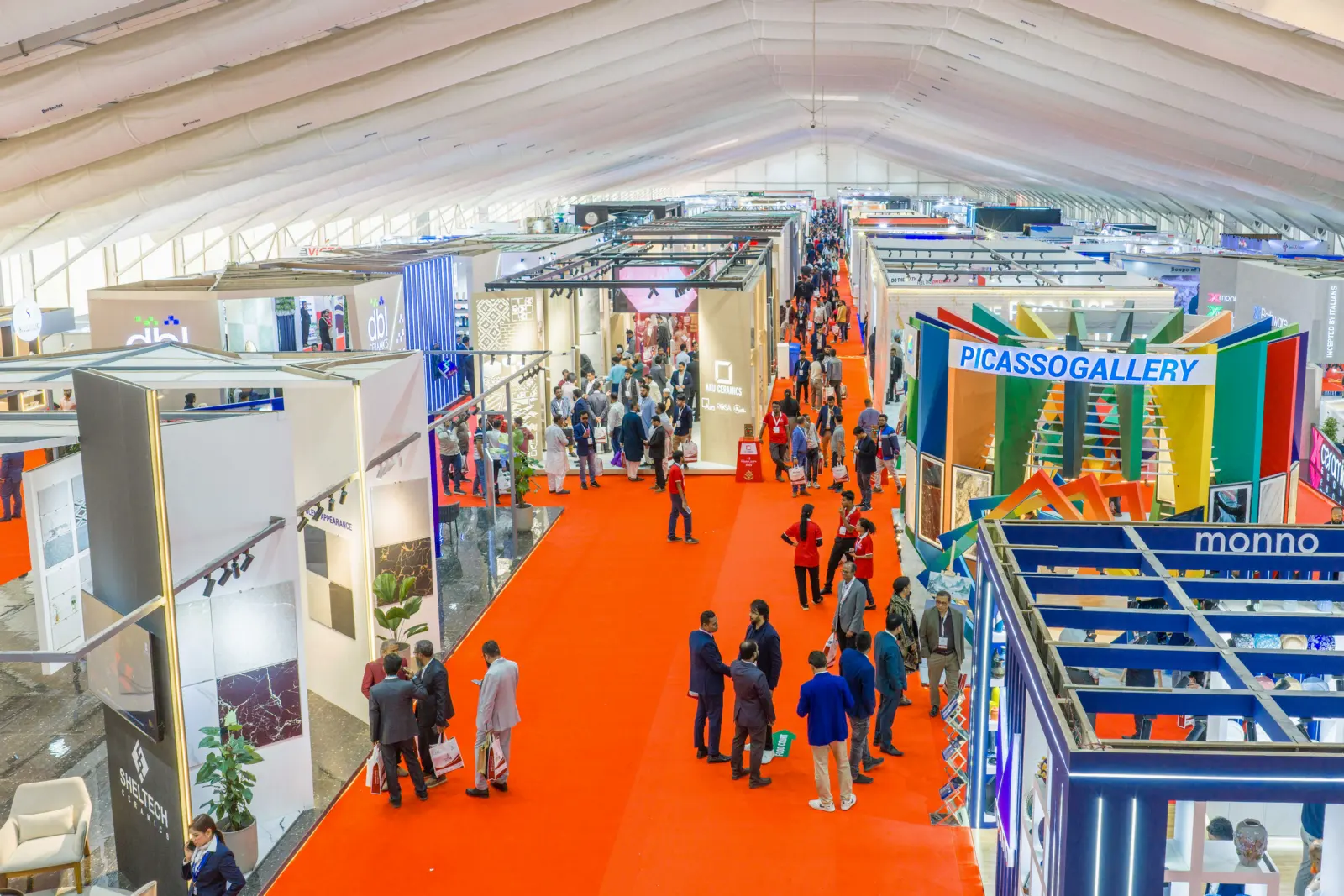 Exhibition stalls showcasing manufacturing brands
